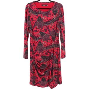 Lauren Ralph Lauren Womens Paisley Jersey Dress Size 14 Red Long Sleeve Ruched